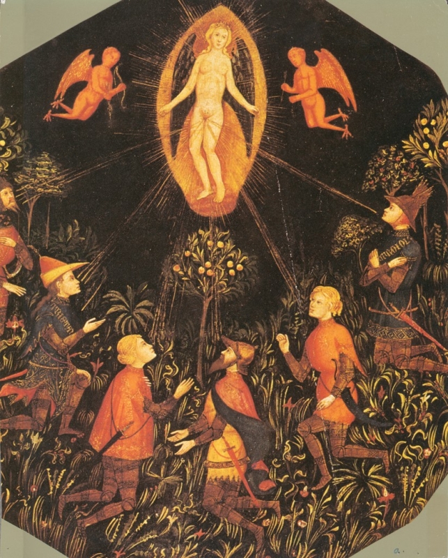 Woman worshipped by men in a field