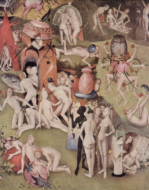 Garden of worldly delights; background, four fantastic structures at four corners of the world, four rivers of earth connecting structures to body of water in which stands fountain of life on which nude figures disport; middle ground, circle of nude men and women riding real and fantastic beasts around fountain of youth in which nudes bathe,