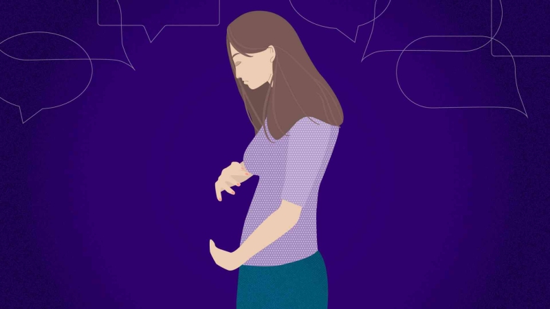 Woman holding nonexistent stomach on purple background
